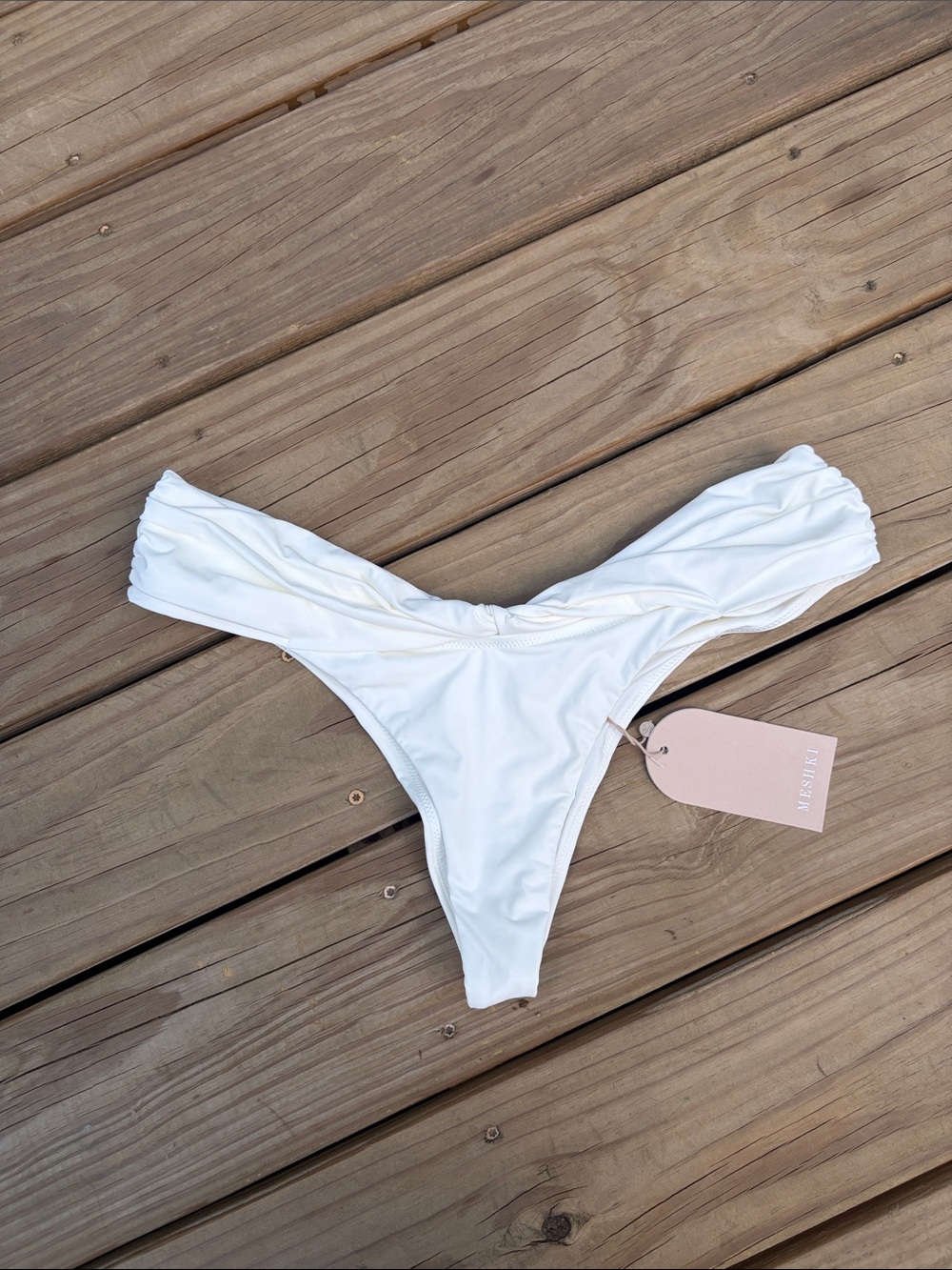 Meshki White Scrunch Ruched Bikini Bottom